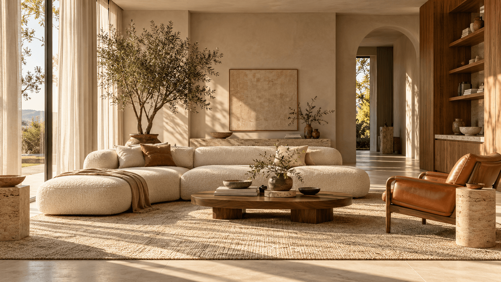 A sunlit living room with an ivory sofa, walnut accents and timeless natural textures